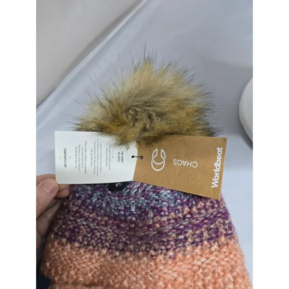 Chaos Womens Knit Pom-Pom Beanie Rose Bloom OS Soft Cozy Winter Hat Faux Fur Pom
